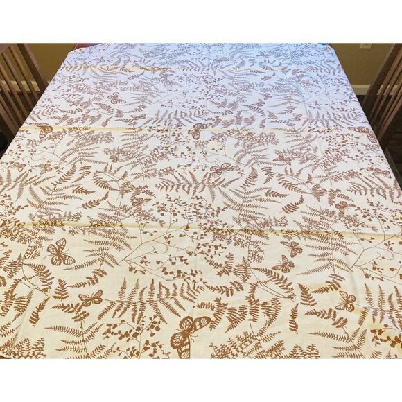 Other - Vintage Tablecloth Rectangle 78 x 51 in Nature Floral Fern Butterfly Tan Beige